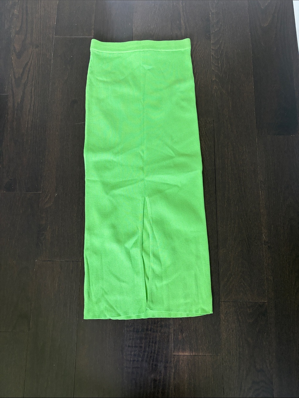 Zara Bright Green Rib-Knit Midi Skirt Front Slit Bodycon Size S